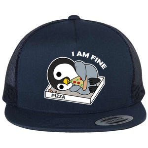 Depressed Pizza Penguin Great Gift I Am Fine Gift Flat Bill Trucker Hat