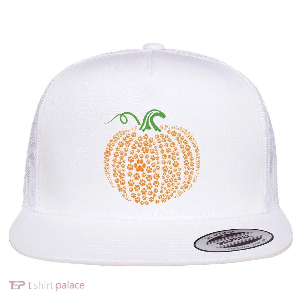 Dog Paw Print Pumpkin Autumn Fall Animal Lover Halloween Flat Bill Trucker Hat