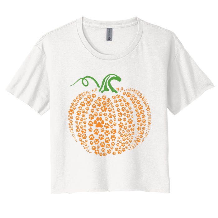 Dog Paw Print Pumpkin Autumn Fall Animal Lover Halloween Women's Crop Top Tee