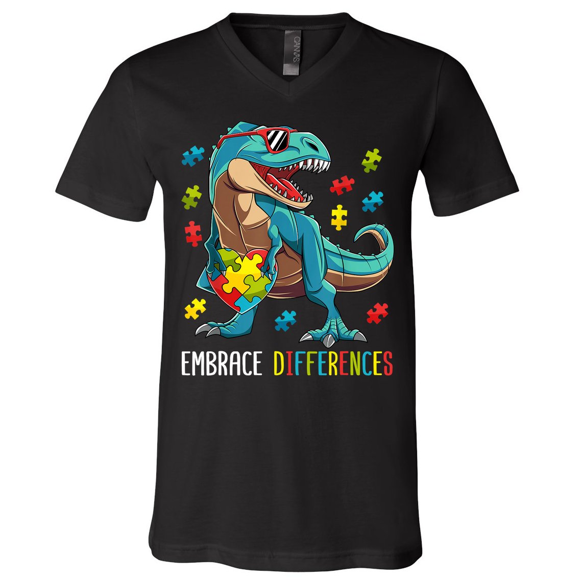 Dinosaur Puzzle Piece Autism Awareness For Boy V-Neck T-Shirt
