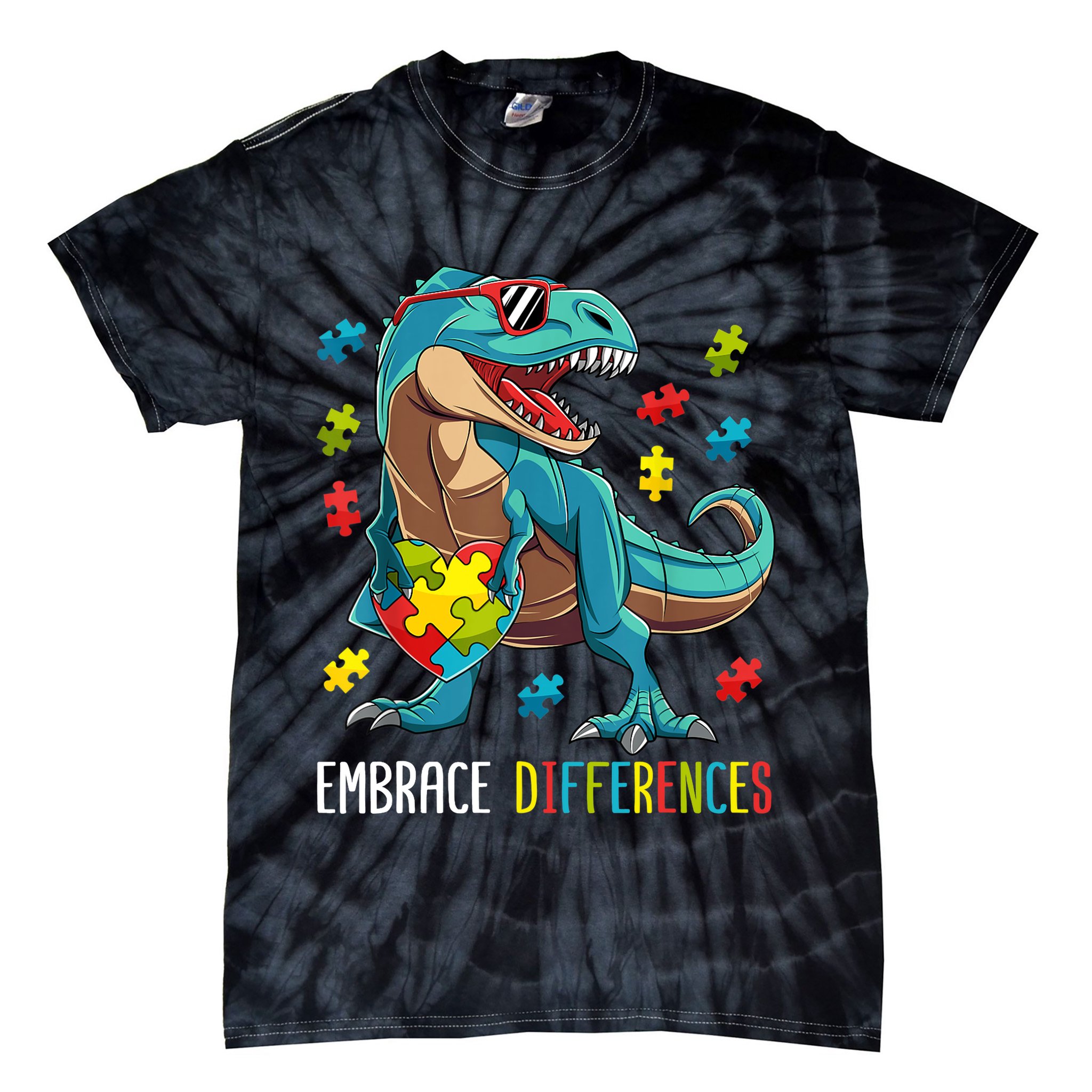 Dinosaur Puzzle Piece Autism Awareness For Boy Tie-Dye T-Shirt