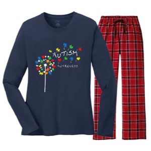 Dandelion Puzzle Piece Cool Autism Awareness Gift Women's Long Sleeve Flannel Pajama Set 