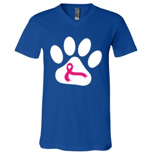 Dog Paw Print Breast Cancer Awareness Pink Ribbon Warrior Gift V-Neck T-Shirt