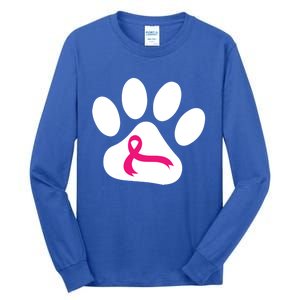 Dog Paw Print Breast Cancer Awareness Pink Ribbon Warrior Gift Tall Long Sleeve T-Shirt