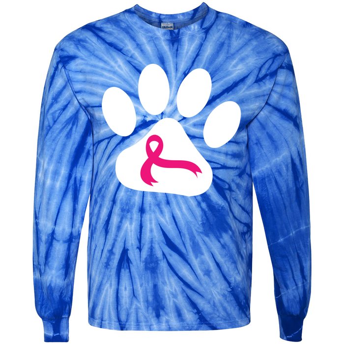 Dog Paw Print Breast Cancer Awareness Pink Ribbon Warrior Gift Tie-Dye Long Sleeve Shirt