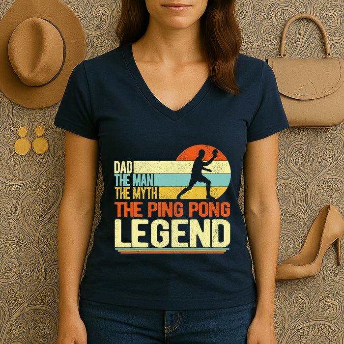 Dad Ping Pong Player Paddle Ball Ping Pong Legend Retro Women's V-Neck T-Shirt