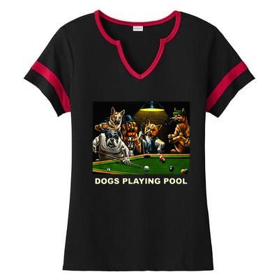 Dogs Playing Pool Art Work Puppies Snooker Pocket Billiards Ladies Halftime Notch Neck Tee