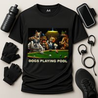 Dogs Playing Pool Art Work Puppies Snooker Pocket Billiards Cooling Performance Crew T-Shirt