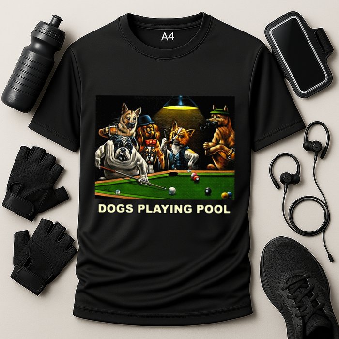 Dogs Playing Pool Art Work Puppies Snooker Pocket Billiards Cooling Performance Crew T-Shirt