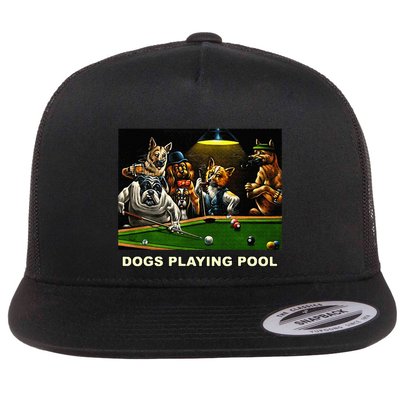 Dogs Playing Pool Art Work Puppies Snooker Pocket Billiards Flatbill Hat
