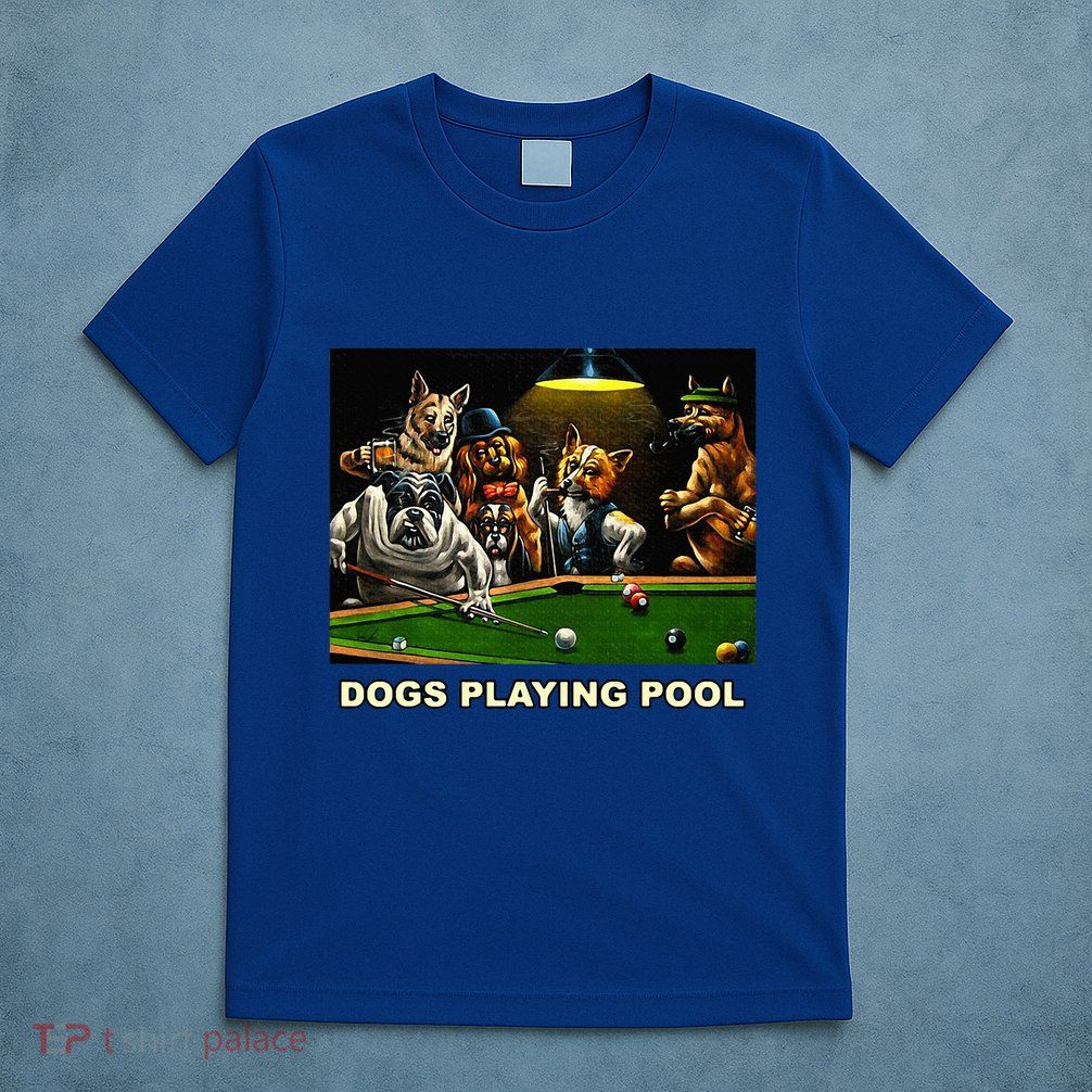 Dogs Playing Pool Art Work Puppies Snooker Pocket Billiards T-Shirt
