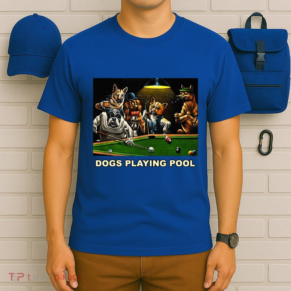 Dogs Playing Pool Art Work Puppies Snooker Pocket Billiards T-Shirt