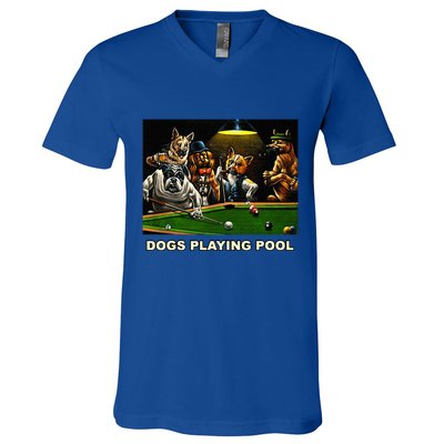 Dogs Playing Pool Art Work Puppies Snooker Pocket Billiards V-Neck T-Shirt