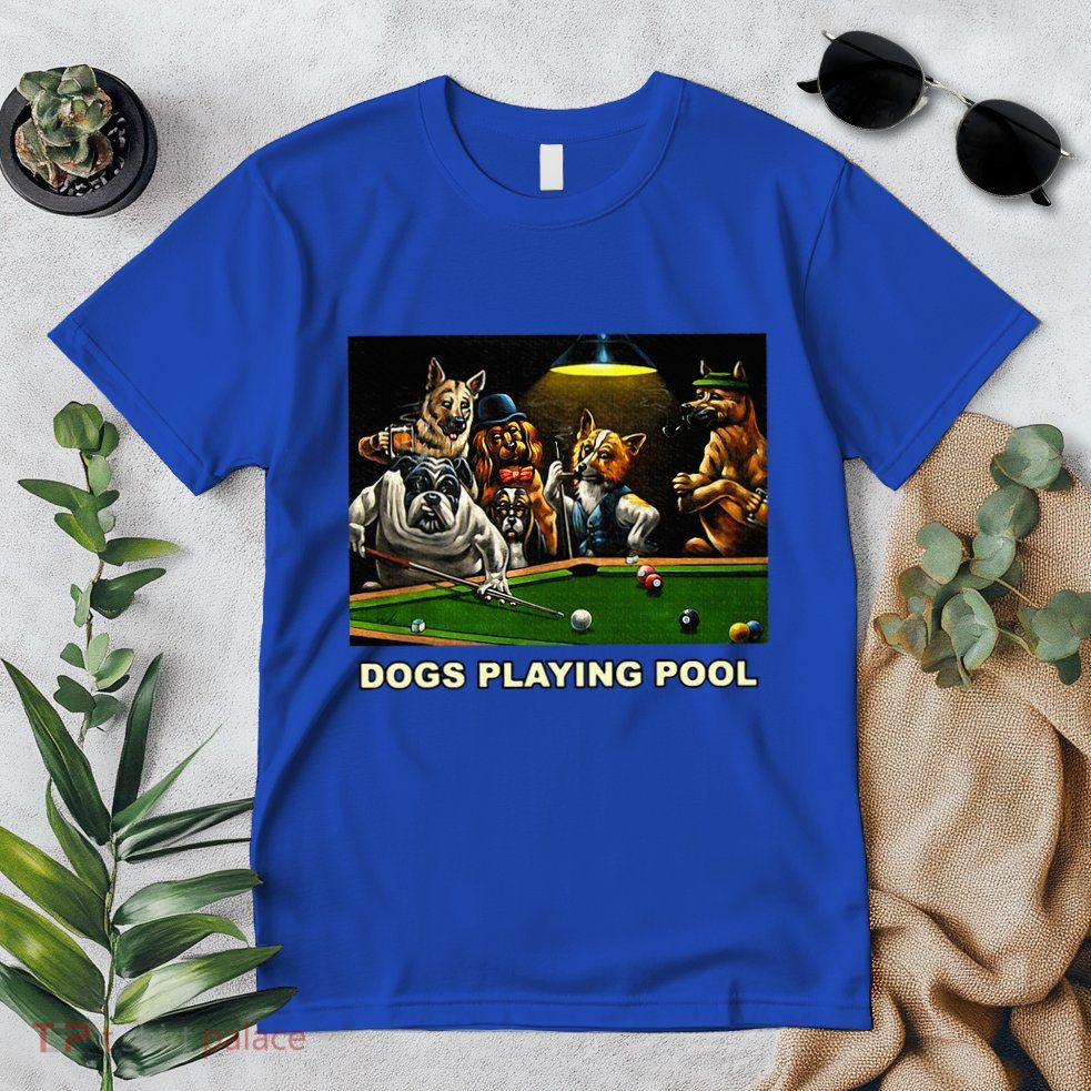 Dogs Playing Pool Art Work Puppies Snooker Pocket Billiards Premium T-Shirt