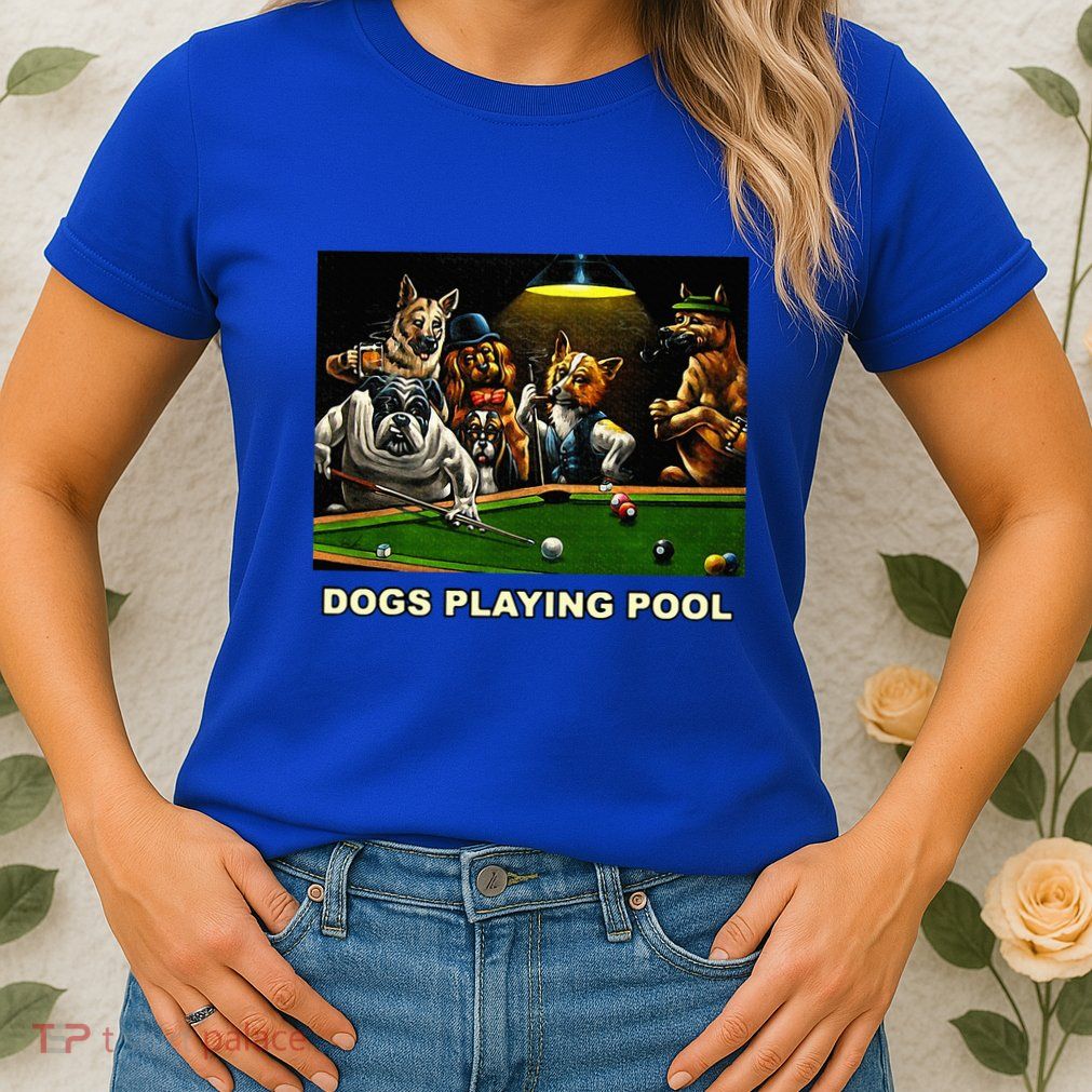 Dogs Playing Pool Art Work Puppies Snooker Pocket Billiards Womens T-Shirt