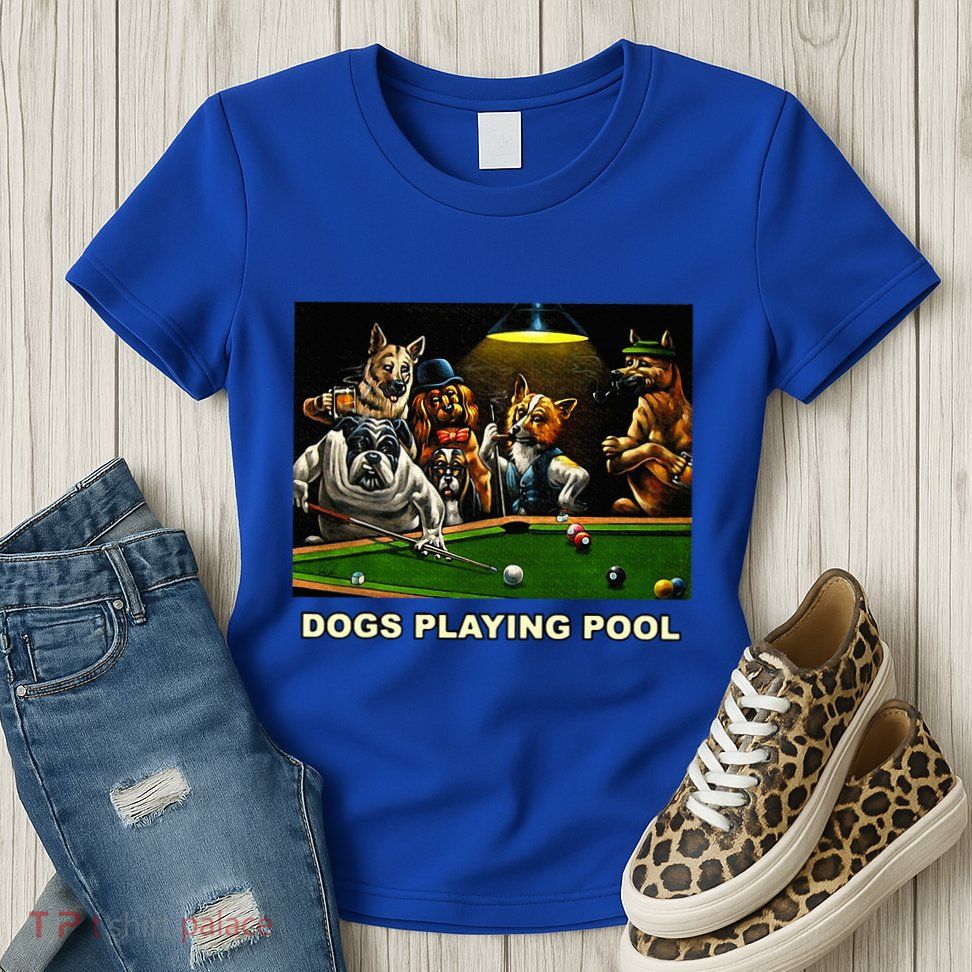 Dogs Playing Pool Art Work Puppies Snooker Pocket Billiards Womens T-Shirt