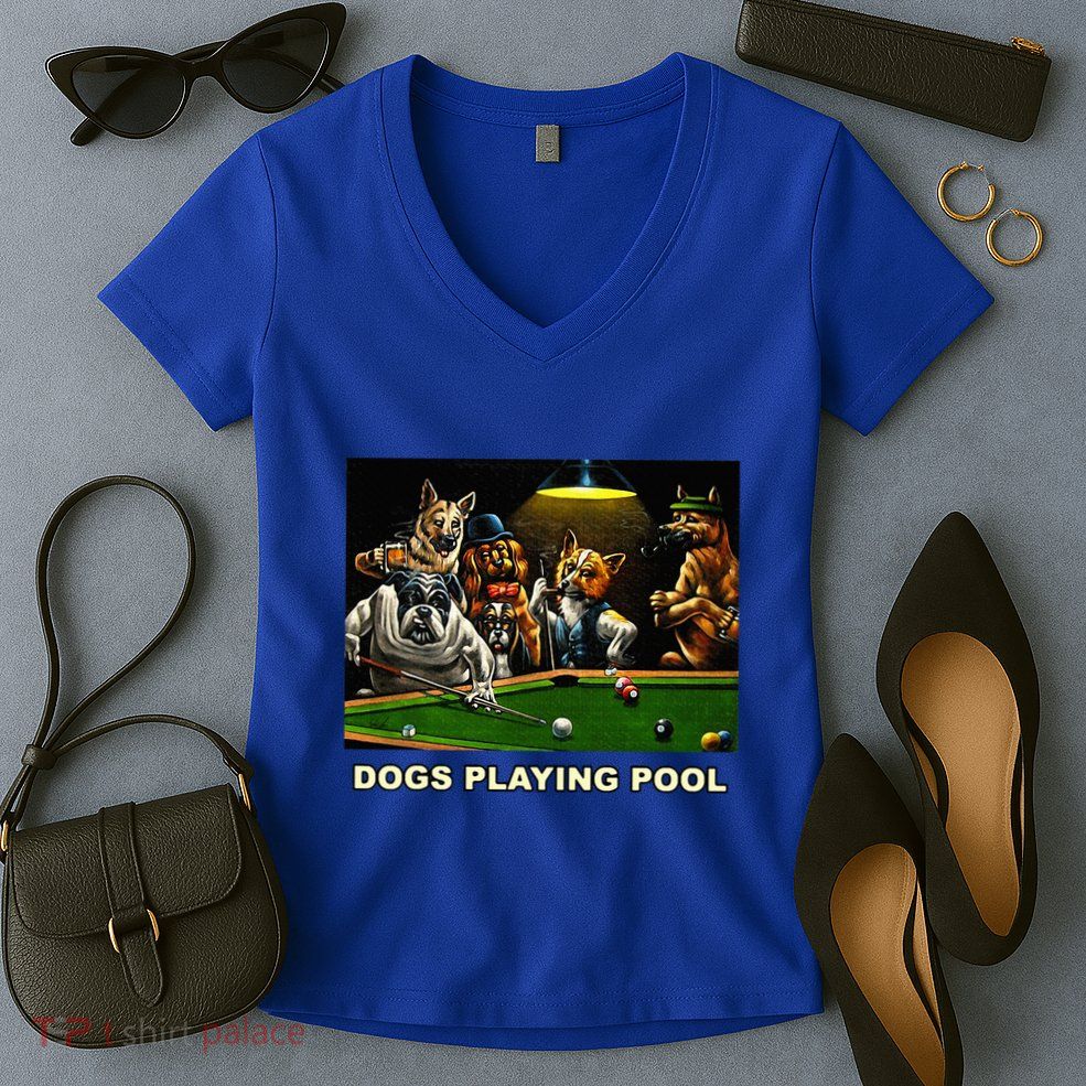Dogs Playing Pool Art Work Puppies Snooker Pocket Billiards Women's V-Neck T-Shirt