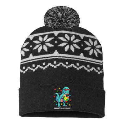 Dinosaur Puzzle Piece Autism Awareness Embrace Differences USA-Made Snowflake Beanie