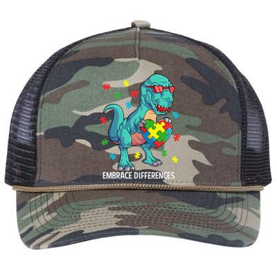 Dinosaur Puzzle Piece Autism Awareness Embrace Differences Retro Rope Trucker Hat Cap