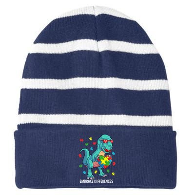 Dinosaur Puzzle Piece Autism Awareness Embrace Differences Striped Beanie with Solid Band