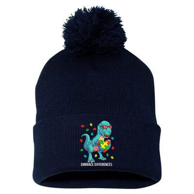 Dinosaur Puzzle Piece Autism Awareness Embrace Differences Pom Pom 12in Knit Beanie