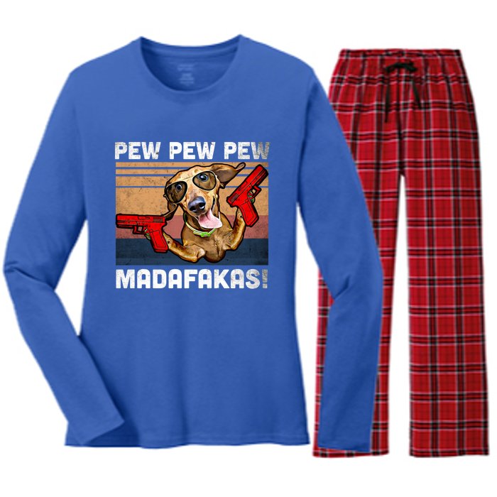 Dachshund Pew Pew Madafakas Cute Gift Vintage Weiner Dog Pew Gift Women's Long Sleeve Flannel Pajama Set 