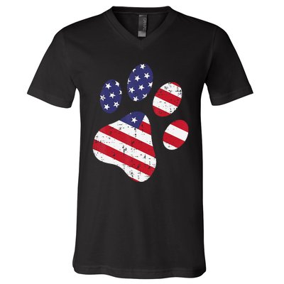 Dog Paw Print American Flag USA Cute 4th Of July Fourth Dogs V-Neck T-Shirt