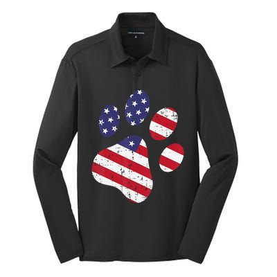 Dog Paw Print American Flag USA Cute 4th Of July Fourth Dogs Silk Touch Performance Long Sleeve Polo