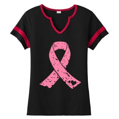 Distressed Pink Ribbon, Breast Cancer Ladies Halftime Notch Neck Tee