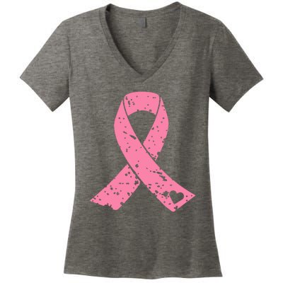 Distressed Pink Ribbon, Breast Cancer Women's V-Neck T-Shirt