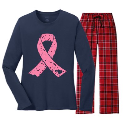 Distressed Pink Ribbon, Breast Cancer Women's Long Sleeve Flannel Pajama Set 