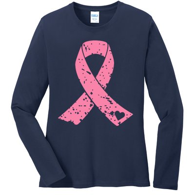 Distressed Pink Ribbon, Breast Cancer Ladies Long Sleeve Shirt