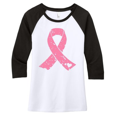 Distressed Pink Ribbon, Breast Cancer Women's Tri-Blend 3/4-Sleeve Raglan Shirt