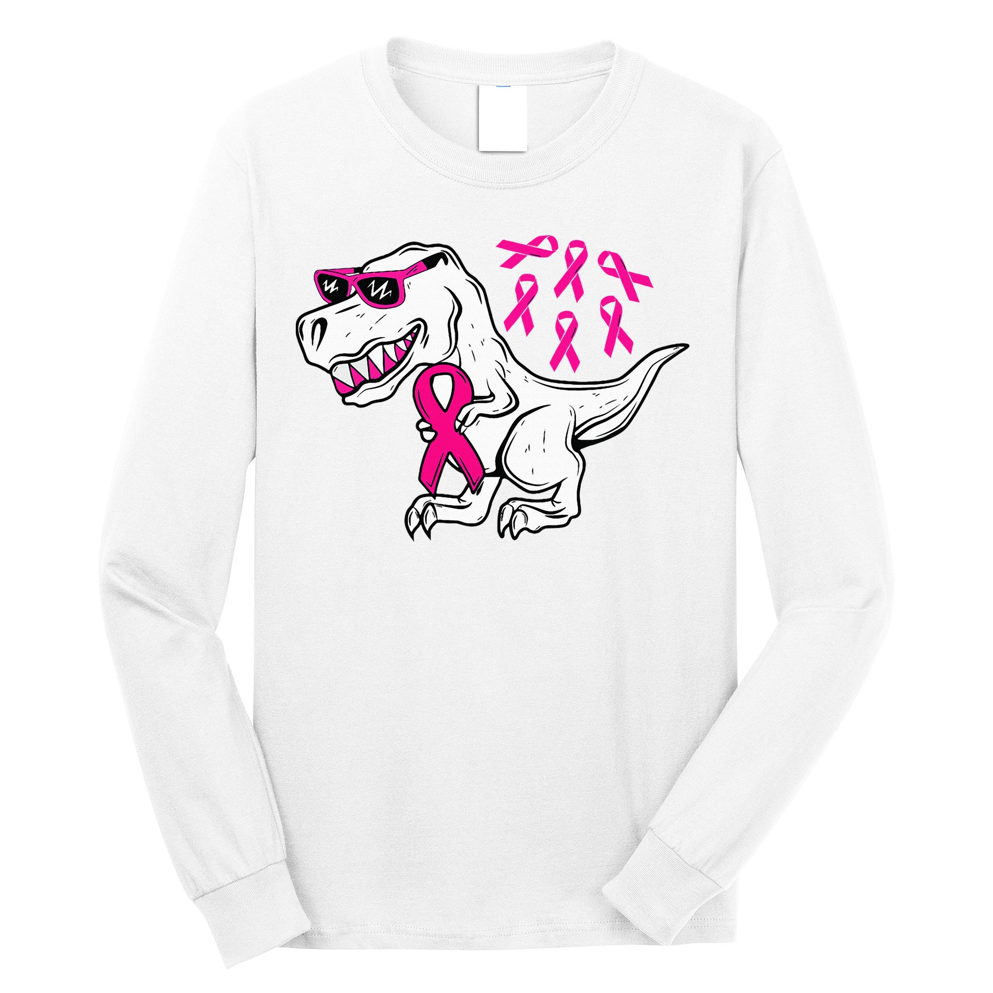 Dinosaur Pink Ribbon Breast Cancer Awareness Month Warrior Long Sleeve Shirt