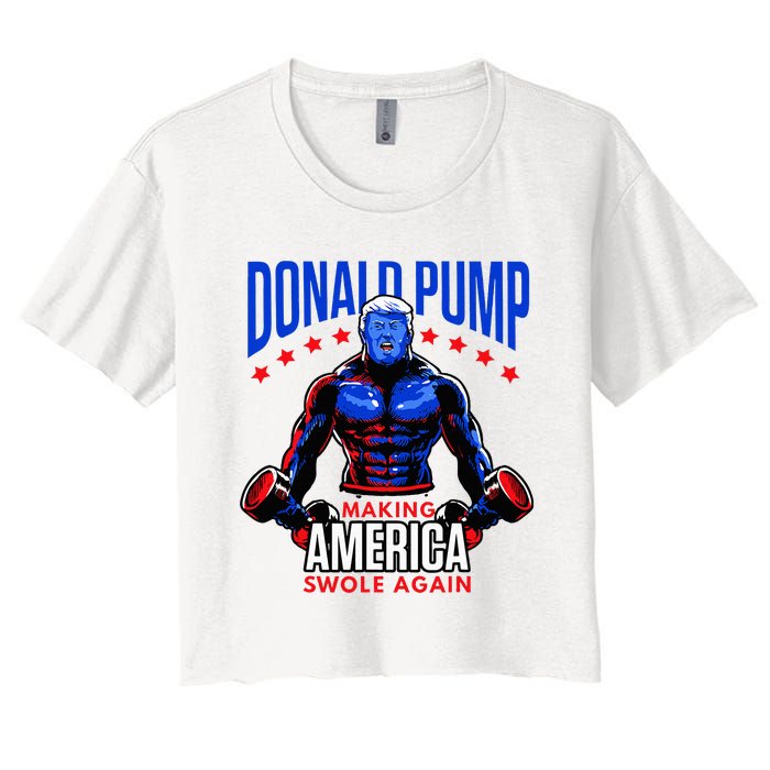 Donald Pump Swole America Trump Weight Lifting Gym Fitness Women's Crop Top Tee