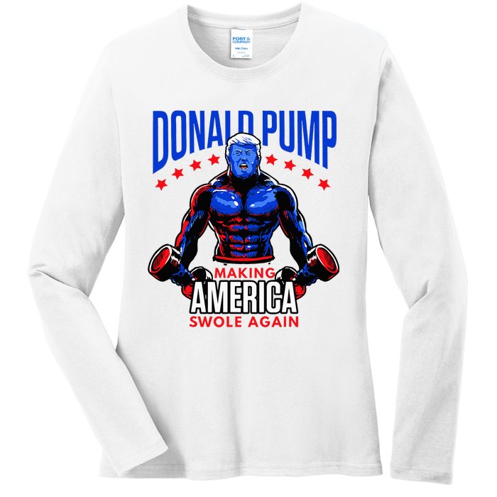 Donald Pump Swole America Trump Weight Lifting Gym Fitness Ladies Long Sleeve Shirt