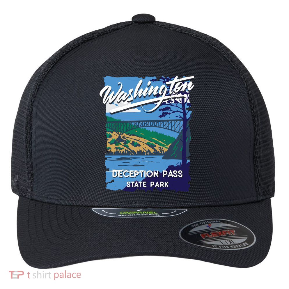 Deception Pass State Park Washington Evergreen State Camping Flexfit Unipanel Trucker Cap