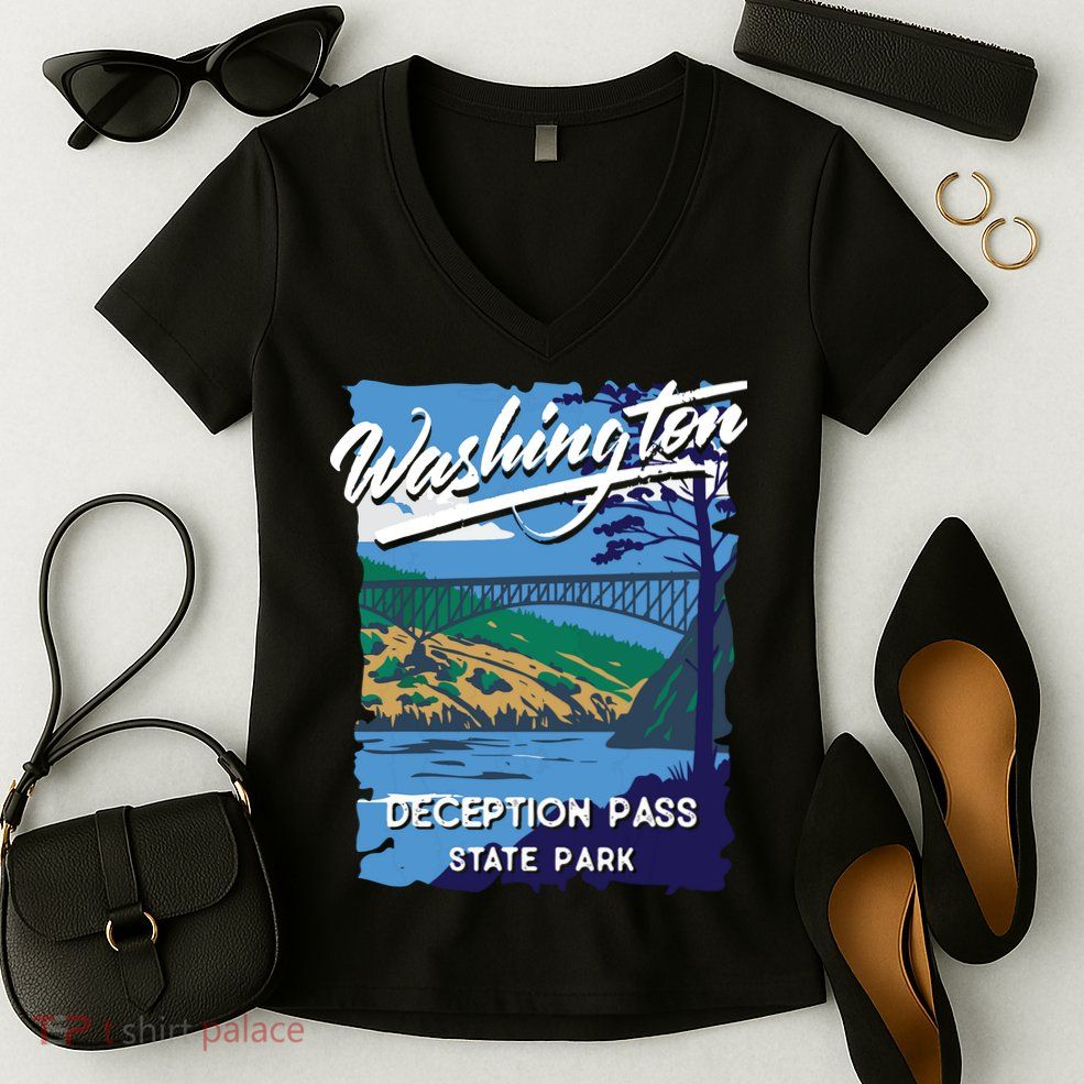 Deception Pass State Park Washington Evergreen State Camping Women's V-Neck T-Shirt