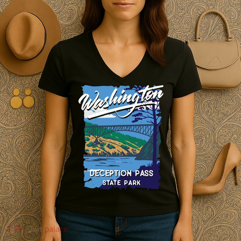 Deception Pass State Park Washington Evergreen State Camping Women's V-Neck T-Shirt
