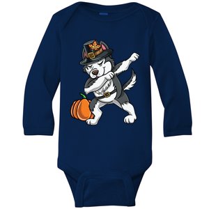 Dabbing Pilgrim Siberian Husky Thanksgiving Funny Gift Baby Long Sleeve Bodysuit