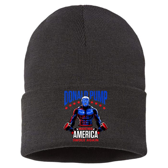 Donald Pump Swole America Trump Weight Lifting Gym Fitness Sustainable Knit Beanie