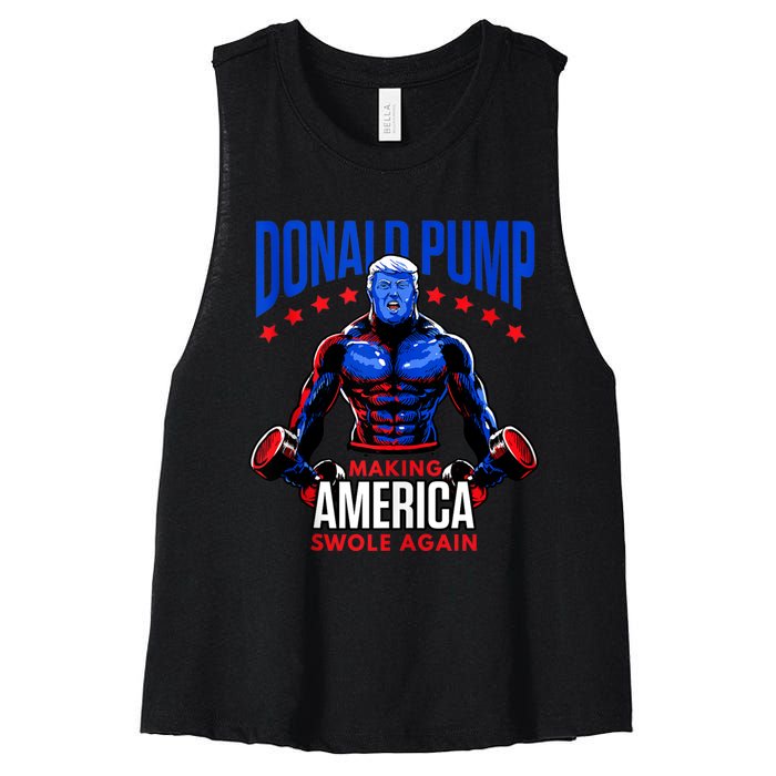 Donald Pump Swole America Trump Weight Lifting Gym Fitness Women's Racerback Cropped Tank