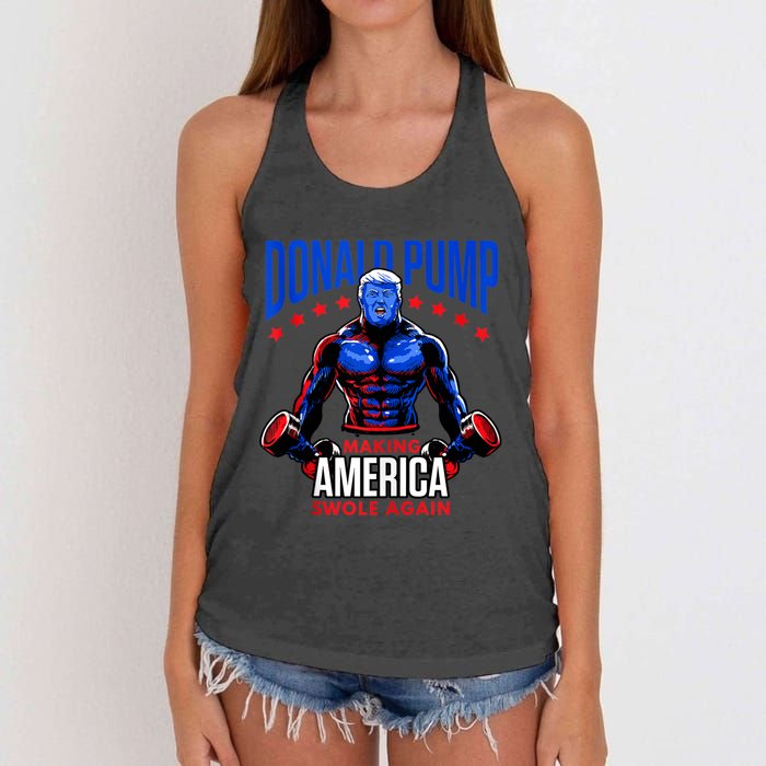 Donald Pump Swole America Trump Weight Lifting Gym Fitness Women's Knotted Racerback Tank