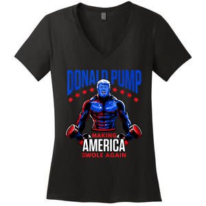 Donald Pump Swole America Trump Weight Lifting Gym Fitness Women's V-Neck T-Shirt