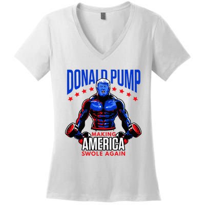 Donald Pump Swole America Trump Weight Lifting Gym Women's V-Neck T-Shirt