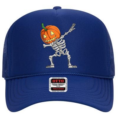 Dabbing Pumpkin Skeleton Halloween Meaningful Gift Dab Dance Skull Gift High Crown Mesh Back Trucker Hat