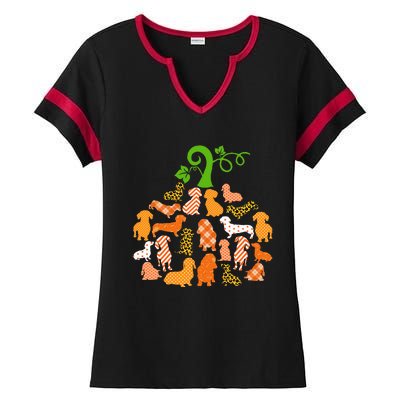 Dachshund Pumpkin Shape Plaid Leopard Dog Autumn Halloween Ladies Halftime Notch Neck Tee