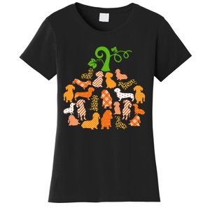 Dachshund Pumpkin Shape Plaid Leopard Dog Autumn Halloween Women's T-Shirt