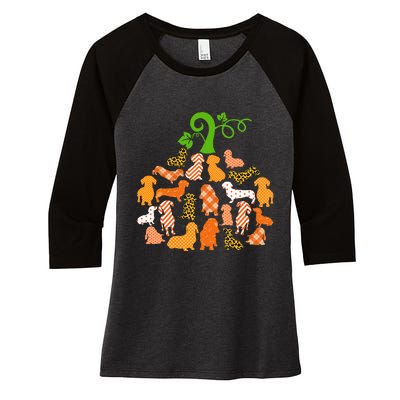 Dachshund Pumpkin Shape Plaid Leopard Dog Autumn Halloween Women's Tri-Blend 3/4-Sleeve Raglan Shirt