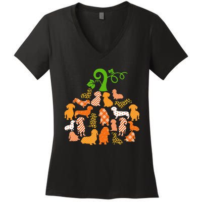 Dachshund Pumpkin Shape Plaid Leopard Dog Autumn Halloween Women's V-Neck T-Shirt